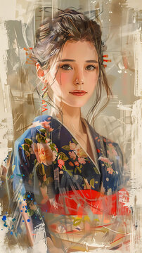一個身穿帶花卉圖案和服的美麗女人的插圖