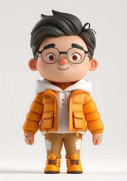3D卡通男孩，穿橙色夾克，戴眼鏡
