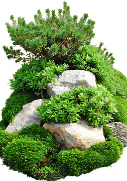 白色背景上的綠色苔蘚和巖石