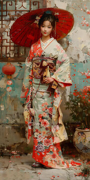 身穿和服撐著紅傘的女子