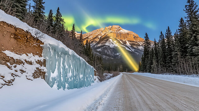 極光映照下的雪山公路