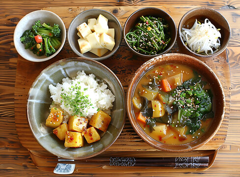 日式料理：美味味噌湯配米飯，蔬菜和豆腐