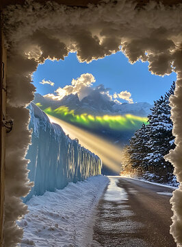 冰雪窗框中的雪山風(fēng)景