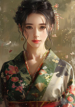 身著花卉和服的美麗女子