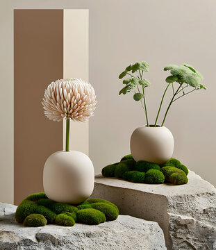 現(xiàn)代極簡主義花藝作品，白色花瓶，石頭和苔蘚
