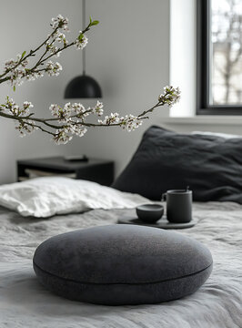圓形音箱臥室擺拍，白色花朵，窗外風(fēng)景