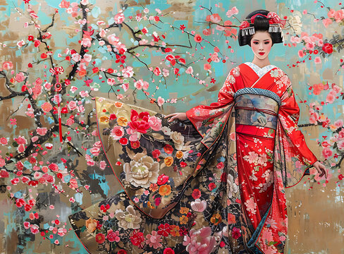 身穿紅色花卉圖案和服的亞洲女子站在櫻花樹林中