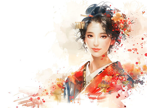 身穿紅色和服的年輕女子肖像