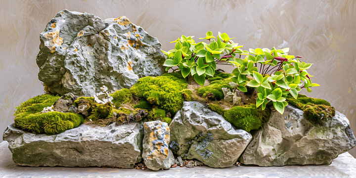 青苔覆蓋的石頭和小型植物