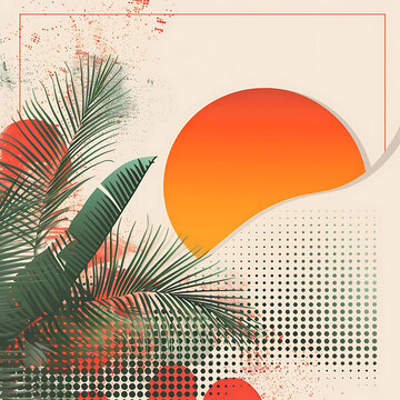 簡約熱帶棕櫚葉日落抽象