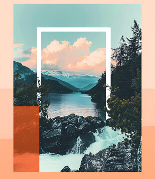 山河與白色邊框的自然風(fēng)景