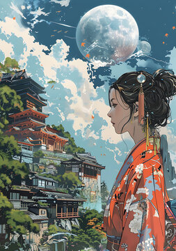 身著和服的女子眺望月色下的日式建筑