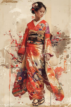 身穿花卉圖案和服腰間系有紅色腰帶的日本女性插圖