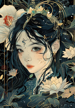 金色花卉裝飾的動漫女孩肖像