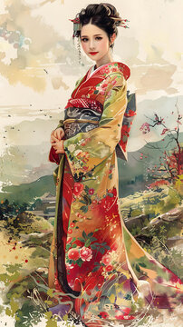 身穿和服的亞洲女子站在花叢中。