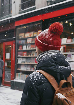 雪天紅帽子男子街邊店面