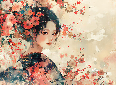 身著花卉和服的日本女性與櫻花