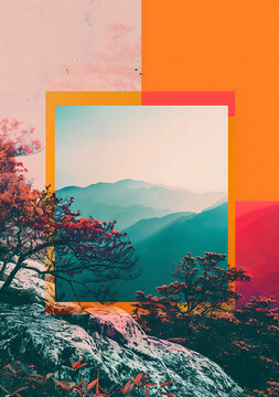 抽象山峰風(fēng)景與橙色和黃色框架