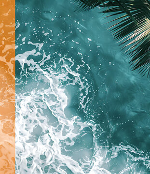 熱帶海洋海浪和棕櫚樹葉