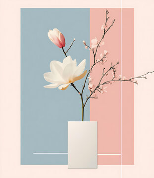 粉色和藍(lán)色背景上的白色木蘭花