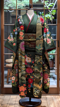 一件帶花卉圖案的和服和一條金色腰帶。