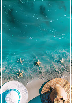 夏日海灘風景，海星和帽子