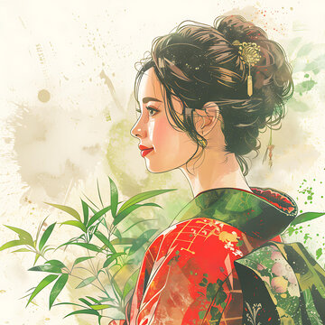 身穿和服的美麗日本女性插圖