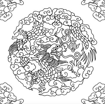 黑白線稿團(tuán)龍紋樣國潮圖案描線