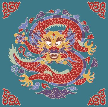 彩繪龍紋團(tuán)龍紋樣團(tuán)龍國(guó)潮圖案
