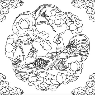 鴛鴦圖案國潮紋樣黑白線稿描線
