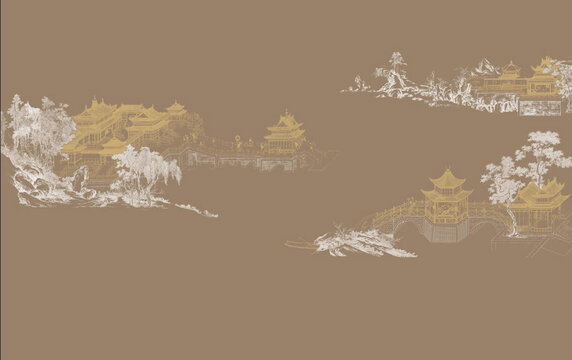 新中式線描山水閣樓