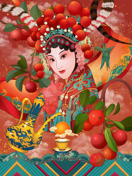 海棠紅裝飾京劇人物插畫(huà)