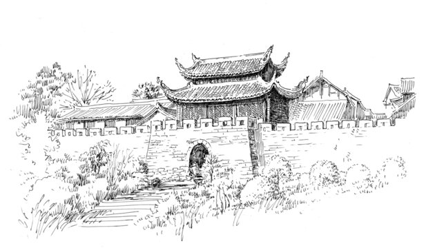 貴州青巖古城鋼筆畫