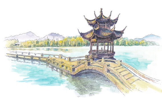 浙江杭州西湖夕影亭水彩