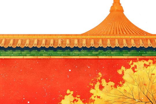手繪中國風古代建筑故宮紅墻