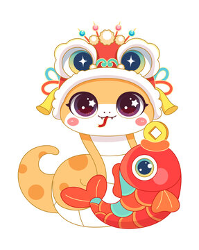 蛇年抱魚潮流插畫