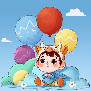 可愛寶寶嬰兒玩氣球創(chuàng)意插畫
