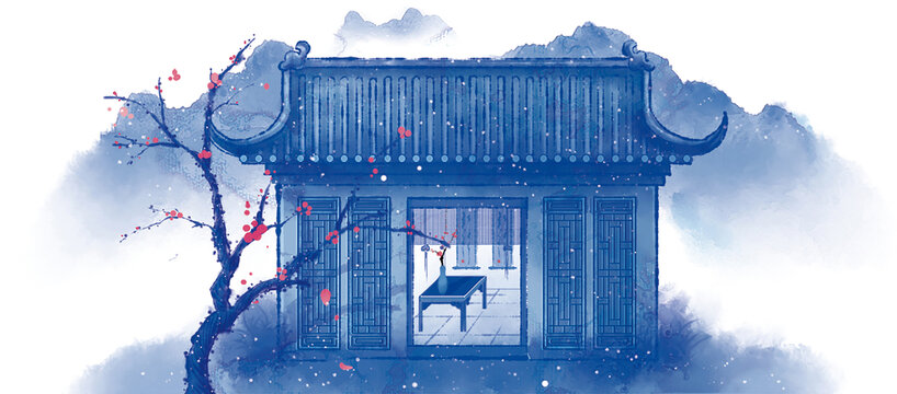 手繪中國風(fēng)建筑房屋遠(yuǎn)山