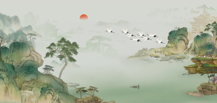 新中式山水背景墻壁畫