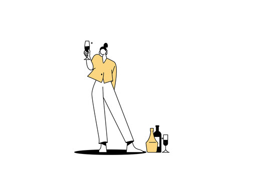 矢量扁平人物喝酒的女性酒瓶女人
