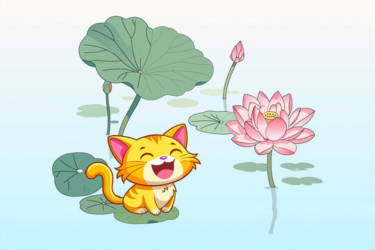 夏天春分池塘荷花小貓插畫