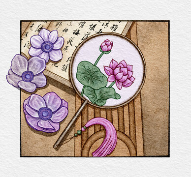 古風(fēng)扇子銀蓮花插畫素材