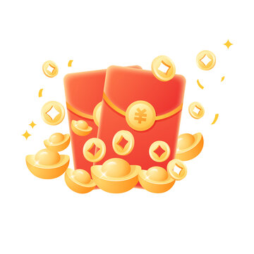 紅包金幣和金元寶元素插畫