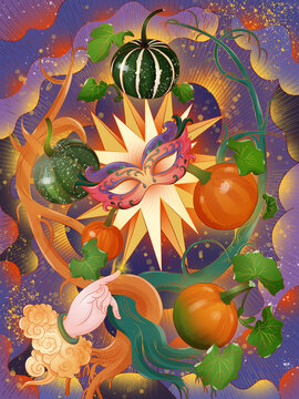 秋天麻瓜魔法夢幻南瓜手繪插畫