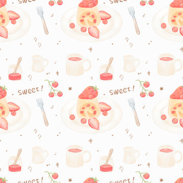 水彩風(fēng)美食插畫(huà)滿(mǎn)印四方連續(xù)