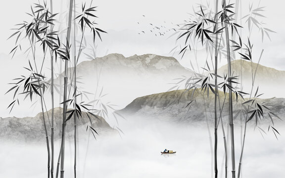 新中式水墨竹子山水背景