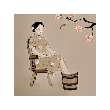 古典水墨風足浴人物手繪插畫