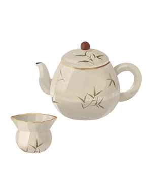 茶壺茶葉國(guó)潮國(guó)風(fēng)水彩插畫(huà)