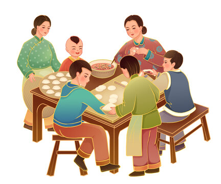 一家人包餃子