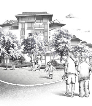 闔家團(tuán)圓生活場景素描插畫